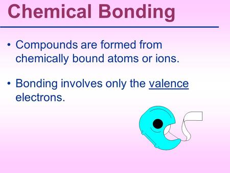 Chemical Bonding Compounds are formed from chemically bound atoms or ions. Bonding involves only the valence electrons.
