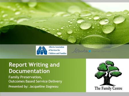 Report Writing and Documentation Family Preservation, Outcomes Based Service Delivery Presented by: Jacqueline Dagneau.