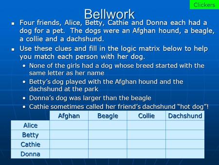 Bellwork Four friends, Alice, Betty, Cathie and Donna each had a dog for a pet. The dogs were an Afghan hound, a beagle, a collie and a dachshund. Four.