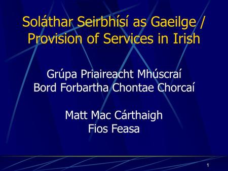 1 Soláthar Seirbhísí as Gaeilge / Provision of Services in Irish Grúpa Priaireacht Mhúscraí Bord Forbartha Chontae Chorcaí Matt Mac Cárthaigh Fios Feasa.