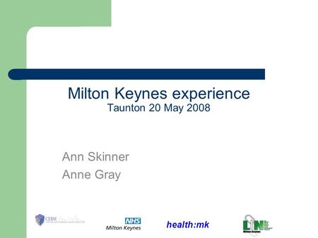 Health:mk Milton Keynes experience Taunton 20 May 2008 Ann Skinner Anne Gray.