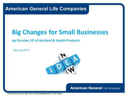American General Life Companies FOR PRODUCER USE ONLY-NOT FOR DISSEMINATION TO THE PUBLIC 1 February 2013 Big Changes for Small Businesses Jay Drucker,