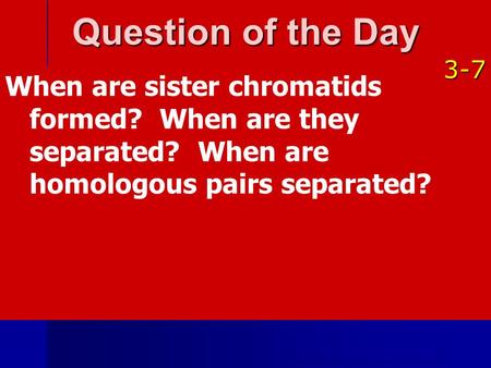 Question of the Day 3-7 When are sister chromatids formed? When are they separated? When are homologous pairs separated?
