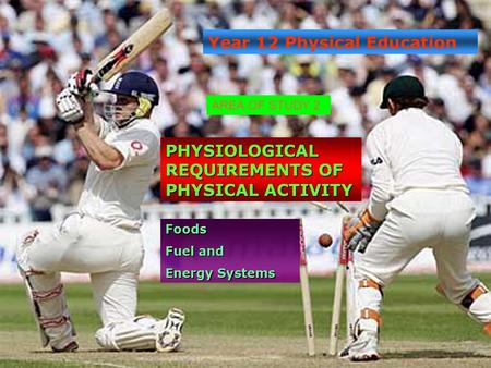 Year 12 Physical Education PHYSIOLOGICAL REQUIREMENTS OF PHYSICAL ACTIVITY Foods Fuel and Energy Systems AREA OF STUDY 2.