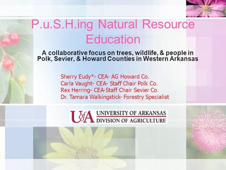 P.u.S.H.ing Natural Resource Education A collaborative focus on trees, wildlife, & people in Polk, Sevier, & Howard Counties in Western Arkansas Sherry.