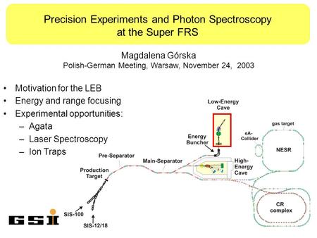 Precision Experiments and Photon Spectroscopy at the Super FRS Motivation for the LEB Energy and range focusing Experimental opportunities: –Agata –Laser.