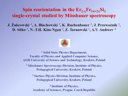 Spin reorientation in the Er 2-x Fe 14+2x Si 3 single-crystal studied by Mössbauer spectroscopy J. Żukrowski 1, A. Błachowski 2, K. Ruebenbauer 2, J. Przewoźnik.