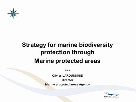 Strategy for marine biodiversity protection through Marine protected areas --- Olivier LAROUSSINIE Director Marine protected areas Agency.