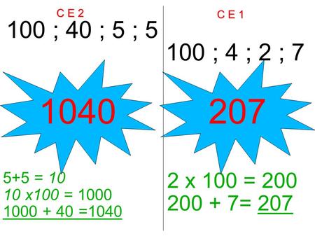 C E 2 C E 1 100 ; 40 ; 5 ; 5 100 ; 4 ; 2 ; 7 5+5 = 10 10 x100 = 1000 1000 + 40 =1040 2 x 100 = 200 200 + 7= 207 1040207.