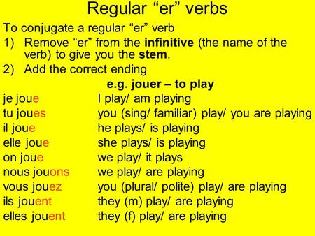 Regular er verbs To conjugate a regular er verb 1)Remove er from the infinitive (the name of the verb) to give you the stem. 2)Add the correct ending e.g.