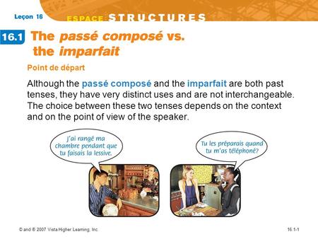 Point de départ Although the passé composé and the imparfait are both past tenses, they have very distinct uses and are not interchangeable. The choice.