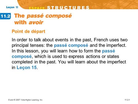 Point de départ In order to talk about events in the past, French uses two principal tenses: the passé composé and the imperfect. In this lesson, you will.