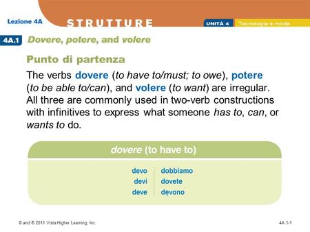 © and ® 2011 Vista Higher Learning, Inc.4A.1-1 Punto di partenza The verbs dovere (to have to/must; to owe), potere (to be able to/can), and volere (to.