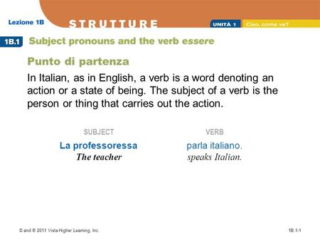 Punto di partenza In Italian, as in English, a verb is a word denoting an action or a state of being. The subject of a verb is the person or thing that.