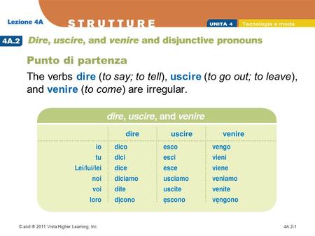 © and ® 2011 Vista Higher Learning, Inc.4A.2-1 Punto di partenza The verbs dire (to say; to tell), uscire (to go out; to leave), and venire (to come) are.