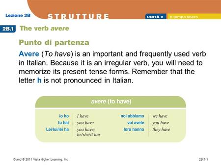 Punto di partenza Avere (To have) is an important and frequently used verb in Italian. Because it is an irregular verb, you will need to memorize its present.