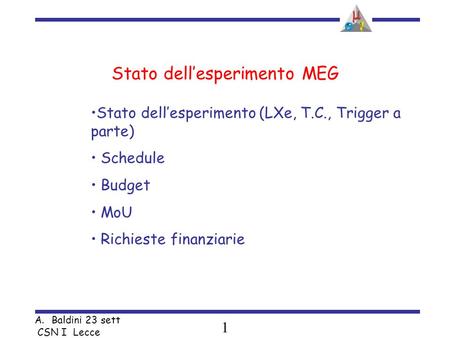 1 A.Baldini 23 sett CSN I Lecce Stato dellesperimento MEG Stato dellesperimento (LXe, T.C., Trigger a parte) Schedule Budget MoU Richieste finanziarie.