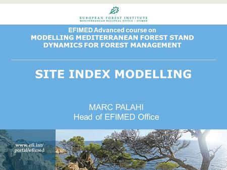 EFIMED Advanced course on MODELLING MEDITERRANEAN FOREST STAND DYNAMICS FOR FOREST MANAGEMENT SITE INDEX MODELLING MARC PALAHI Head of EFIMED Office.