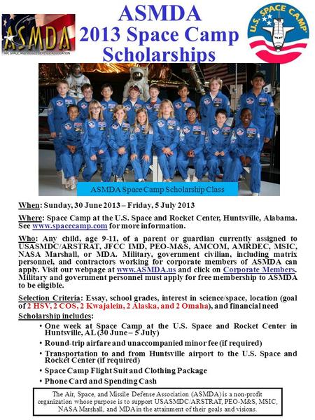 ASMDA Space Camp Scholarship Class