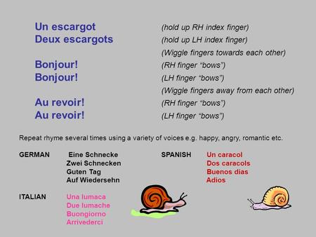 Un escargot (hold up RH index finger) Deux escargots (hold up LH index finger) (Wiggle fingers towards each other) Bonjour! (RH finger bows) Bonjour! (LH.