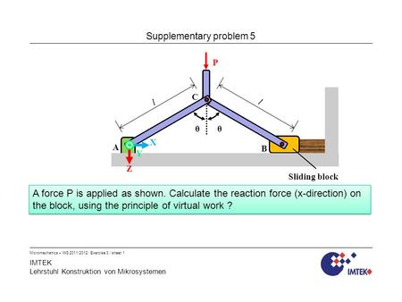 IMTEK Lehrstuhl Konstruktion von Mikrosystemen Micromechanics – WS 2011/2012/ Exercise 3 / sheet 1 Supplementary problem 5 A force P is applied as shown.