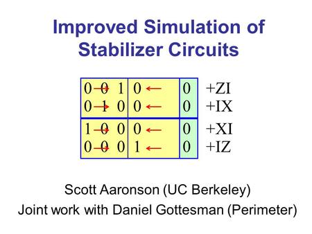 Improved Simulation of Stabilizer Circuits Scott Aaronson (UC Berkeley) Joint work with Daniel Gottesman (Perimeter) 0 0 0 0 1 0 0 1 0 0 1 0 0 0 0 0 0.