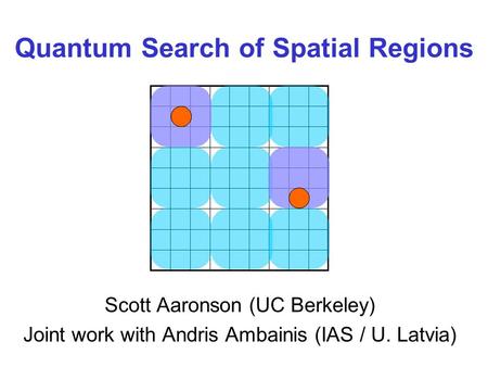 Quantum Search of Spatial Regions Scott Aaronson (UC Berkeley) Joint work with Andris Ambainis (IAS / U. Latvia)