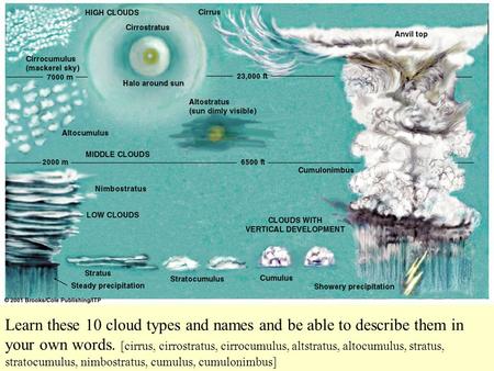 Learn these 10 cloud types and names and be able to describe them in your own words. [cirrus, cirrostratus, cirrocumulus, altstratus, altocumulus, stratus,