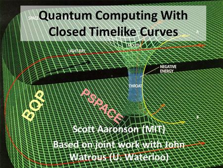 Scott Aaronson (MIT) Based on joint work with John Watrous (U. Waterloo) BQP PSPACE Quantum Computing With Closed Timelike Curves.