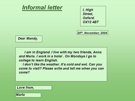 Informal letter I, High Street, Oxford. OX12 4BT Dear Mandy,