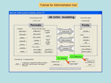Tutorial for Administration tool (1) Select (2) Depress.