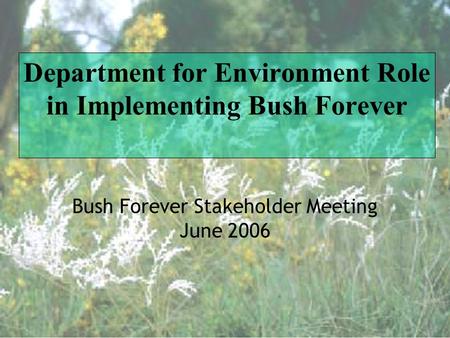 Department for Environment Role in Implementing Bush Forever Bush Forever Stakeholder Meeting June 2006.