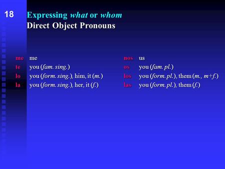 Direct Object Pronouns Expressing what or whom Direct Object Pronouns memenosus teyou (fam. sing.)osyou (fam. pl.) loyou (form. sing.), him, it (m.)losyou.