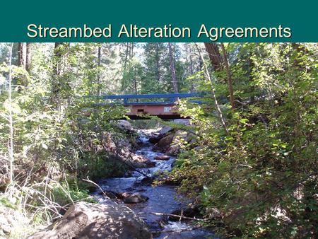 Streambed Alteration Agreements. Notification Required F&GC § 1600  Notification is required for any project that will: –substantially divert or obstruct.