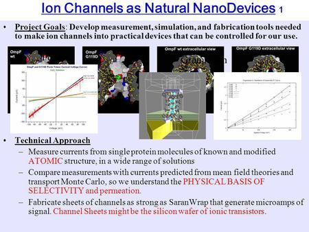 Ion Channels as Natural NanoDevices 1 Project Goals: Develop measurement, simulation, and fabrication tools needed to make ion channels into practical.
