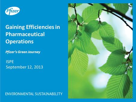 ISPE September 12, 2013 Gaining Efficiencies in Pharmaceutical Operations Pfizer’s Green Journey.