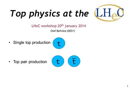 Top physics at the Olaf Behnke (DESY) LHeC workshop 20 th january 2014 1 Single top production Top pair production tt t.
