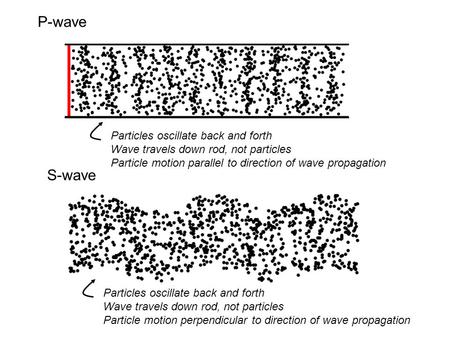 P-wave S-wave Particles oscillate back and forth Wave travels down rod, not particles Particle motion parallel to direction of wave propagation Particles.