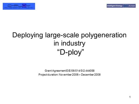 1 Deploying large-scale polygeneration in industry “D-ploy” Grant Agreement EIE/06/014/SI2.444058 Project duration: November 2006 – December 2008.
