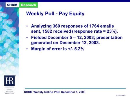 © 2003 SHRM SHRM Weekly Online Poll: December 5, 2003 Weekly Poll - Pay Equity Analyzing 360 responses of 1764 emails sent, 1582 received (response rate.