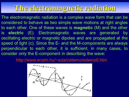 The electromagnetic radiation The electromagnetic radiation is a complex wave form that can be considered to behave as two simple wave motions at right.