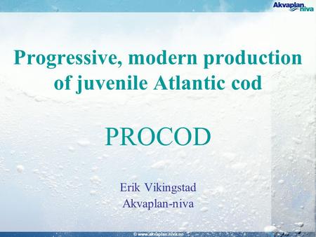 © www.akvaplan.niva.no Progressive, modern production of juvenile Atlantic cod PROCOD Erik Vikingstad Akvaplan-niva.