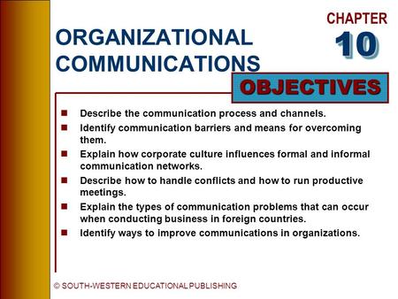 CHAPTER OBJECTIVES © SOUTH-WESTERN EDUCATIONAL PUBLISHING ORGANIZATIONAL COMMUNICATIONS nDescribe the communication process and channels. nIdentify communication.
