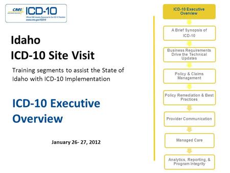 ICD-10 Executive Overview January 26- 27, 2012 Idaho ICD-10 Site Visit Training segments to assist the State of Idaho with ICD-10 Implementation.