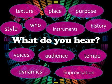 What do you hear? style place instruments purpose voices audiencetempo dynamics texture improvisation history who.