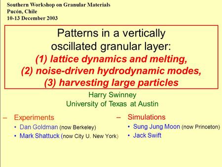 Patterns in a vertically oscillated granular layer: (1) lattice dynamics and melting, (2) noise-driven hydrodynamic modes, (3) harvesting large particles.