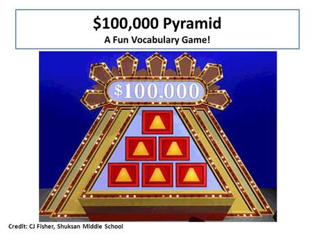 $100,000 Pyramid A Fun Vocabulary Game! CAN YOU GUESS ALL SIX WORDS IN 1 MINUTE? Player 1: Sees the word and defines/describes it without saying the word.