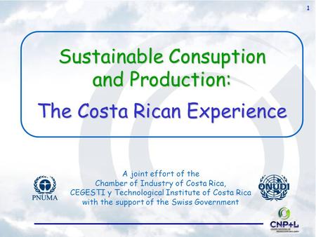 1 Sustainable Consuption and Production: The Costa Rican Experience A joint effort of the Chamber of Industry of Costa Rica, CEGESTI y Technological Institute.