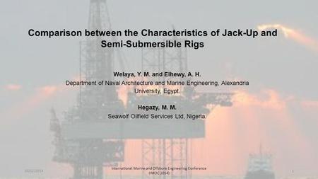 Comparison between the Characteristics of Jack-Up and Semi-Submersible Rigs Welaya, Y. M. and Elhewy, A. H. Department of Naval Architecture and Marine.