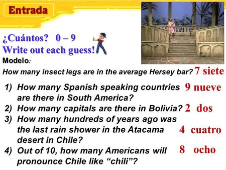 ¿Cuántos? 0 – 9 Write out each guess! Modelo : ¿Cuántos? 0 – 9 Write out each guess! Modelo : How many insect legs are in the average Hersey bar? 1)How.
